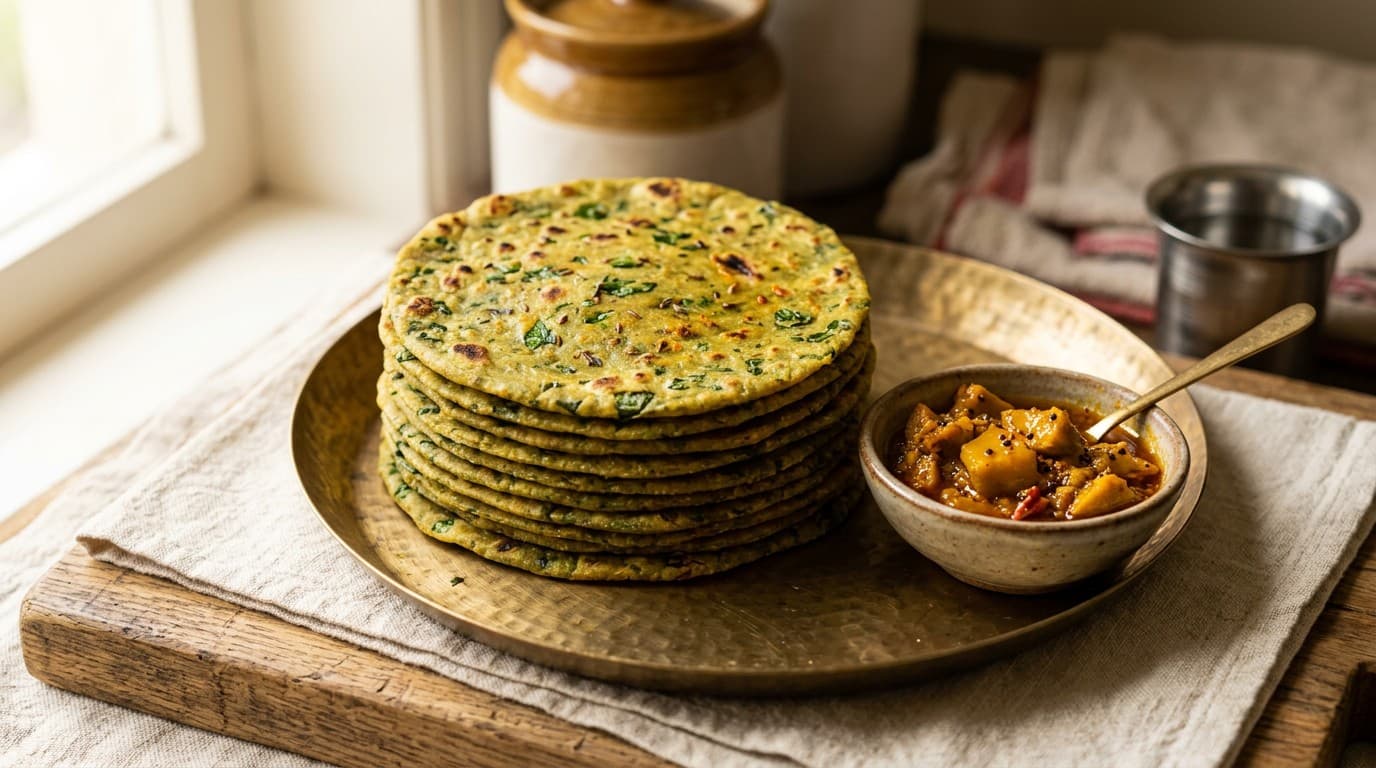 Methi theplas on a brass plate
