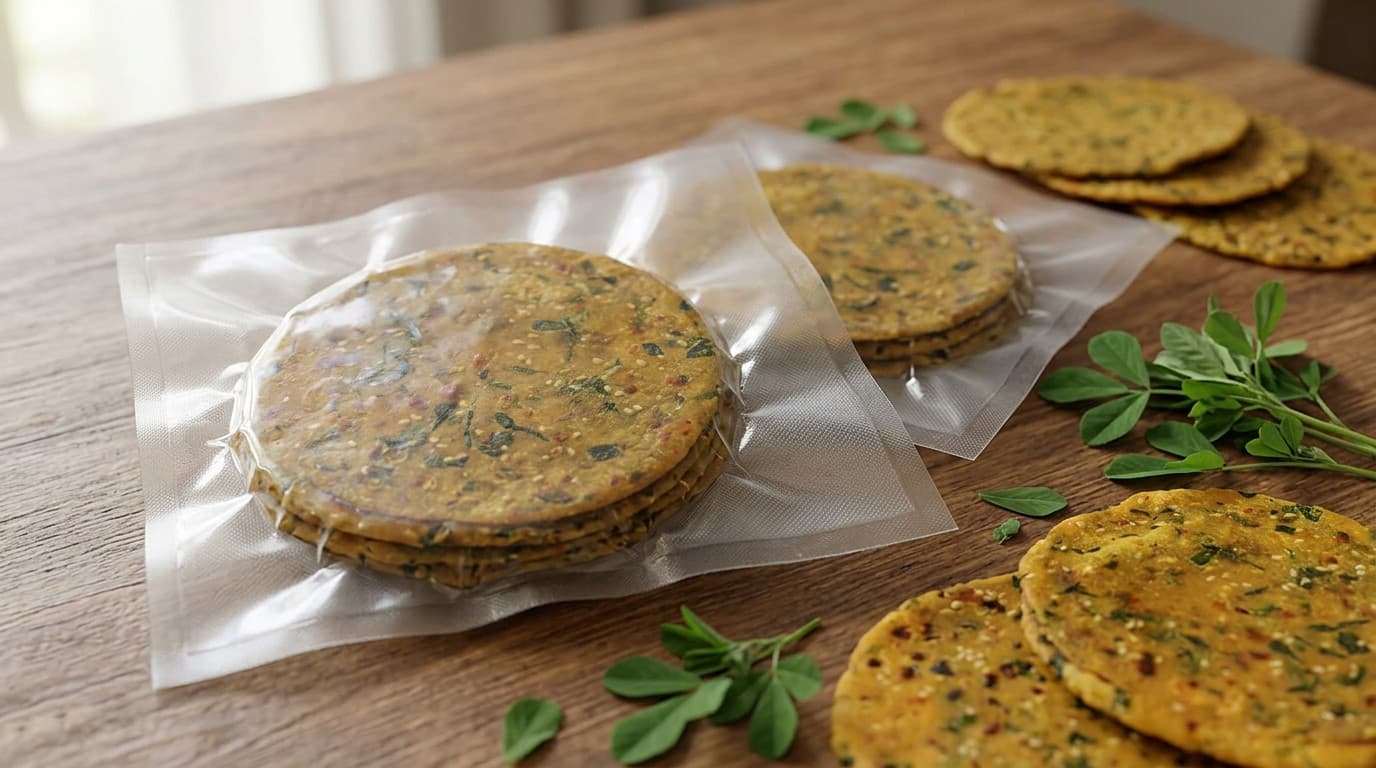 Vacuum-sealed methi thepla travel packs
